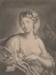 Vår: en ung kvinne som holder blomster i kappen sin, 1775.