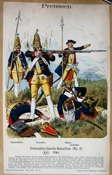 Preussiske grenadervakter og offiserer i 1745, ca. 1890 (farge litho)