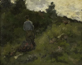 En bonde som går langs kanten av en skog
