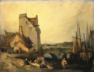 Utsikt i Bretagne: Bridge, Cottages and Washerwoman (olje på panel)