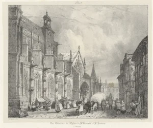 Generell oversikt over kirken St Gervais og St Protais fra 'Voyages Pittoresques et Romantiques dans l'Ancienne France: Normandie', 1824 (litografi)