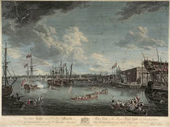 Utsikt over Royal Dock Yard i Deptford, gravert av William Woollett, publisert 1. juli 1793 (farget etsning)