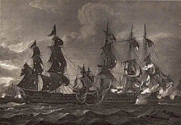 HMS-kaptein ombord på San Nicholas og San Josef, illustrasjon fra 