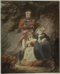 Offiser søker ly med kone og barn fra en storm (rekto); skisse av slott på høyde (verso)