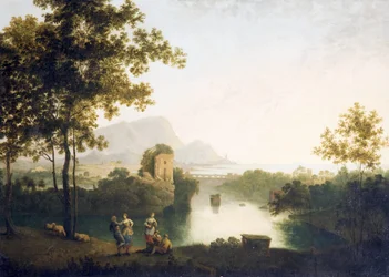 Kveld ved River Mouth with Peasants Dancing (olje på lerret)