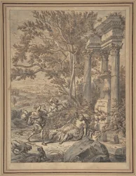 Silvio nærmer seg Dorinda som han har såret med en pil..., ca. 1700.