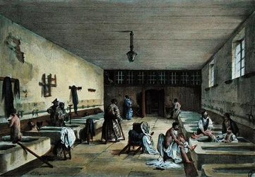 Offisersbadene ved Military Hospital of Bourbonne les Bains, midten av 1800-tallet (farget gravering)