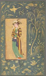 Ungdom som holder et granateple, illustrasjon fra et enkeltsidemanuskript, ca. 1600-1650.