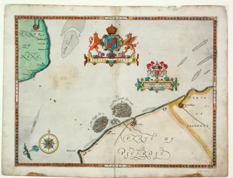 Dover til Sandwich og Blacknerse til Gravelines - Den spanske armadaen og den engelske flåten utenfor Calais, ca. 1590 (manuskript)