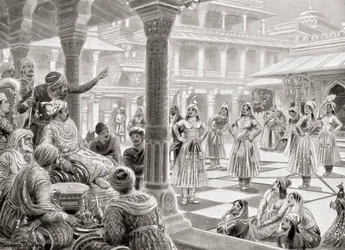 Akbar spiller pachisi eller chaupur med levende stykker på Fatehpur Sikri i 1575, fra Hutchinson