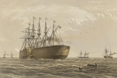 «Great Eastern» under vekt 23. juli (eskorteskip og andre skip introdusert som Terrible, Sphinx, Hawk og Caroline)