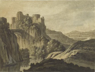 Et elvelandskap med et slott på en skråning, 1780