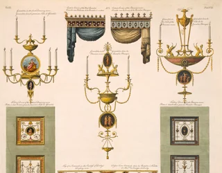 Design for gardingesimser, girandoler og foldedører, 1774 trykkdetalj av 61957