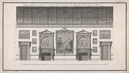 Headfort House, Eating Parlour, Chimney Side (penn og svart blekk og vask med blyant på papir)