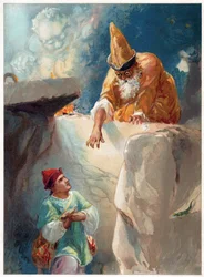 Aladdin and the Magician, illustrasjon fra "Once Upon a Time" utgitt av Ernest Mister, ca. 1900 (farge litho)