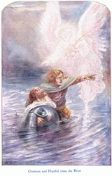 Kristne og håpefulle krysser elven, fra The Pilgrims Progress utgitt av John F Shaw & Co, ca. 1900-tallet (farge litho)
