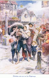 Christian legger ut på pilegrimsreisen, fra The Pilgrims Progress utgitt av John F Shaw & Co, ca. 1900-tallet (farge litho)