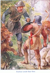 Great Heart Attacks Giant Grim, fra The Pilgrims Progress utgitt av John F Shaw & Co, ca. 1900-tallet (farge litho)