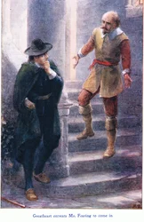 Great Heart ber Mr Fearing om å komme inn, fra The Pilgrims Progress utgitt av John F Shaw & Co, ca. 1900-tallet (farge litho)