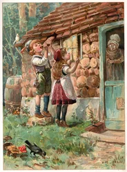 Hansel and Gretel, illustrasjon fra "Once Upon a Time" utgitt av Ernest Mister, ca. 1900 (farge litho)