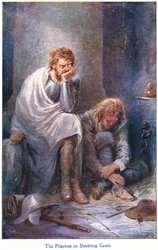 The Pilgrims in Doubting Castle, fra The Pilgrims Progress utgitt av John F Shaw & Co, ca. 1900-tallet (farge litho)