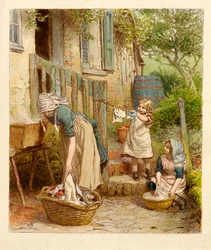 Mor og barn henger ut Vasking, pub. 1854.