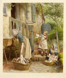 Mor og barn henger ut Vasking, pub. 1854