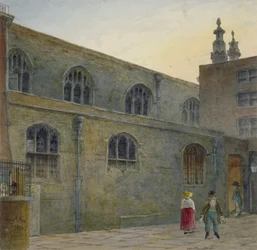 Nordsiden av Guildhall Chapel som viser inngangen til Cutthroat Alley, City of London, 1820