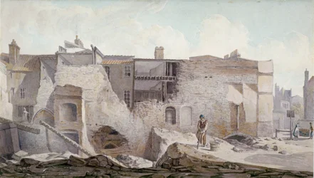 Utsikt over ruinene av en del av Priory of Holy Trinity, Aldgate, City of London, 1824.