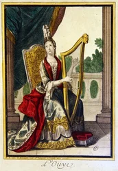 De fem sansene: Hørsel (fargegravering)