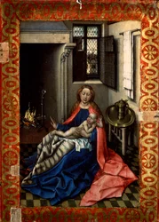 Madonna og barn foran en peis, 1430-tallet.