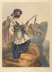 Ko-i-Staun fotsoldat i sommerdrakt, aktivt ansatt blant steinene (farge litho)