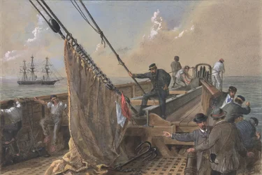 Fremre dekk av Great Eastern ryddet for det første forsøket på å gripe ..., 1865-66.