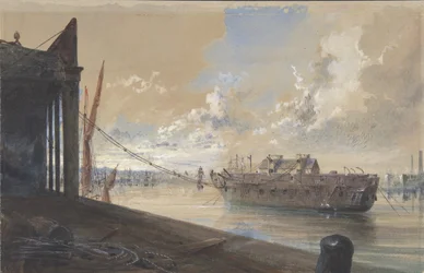 Kabelen gikk fra verket til hulken den gamle fregatten Iris som ligger i Themsen..., 1865-66