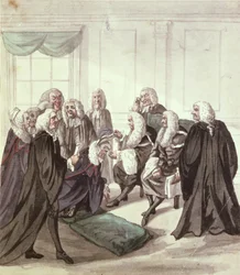 A Peep into Westminster Hall on a Call of Sergeants, 1700-tallet (penn og blekk og wc på papir)