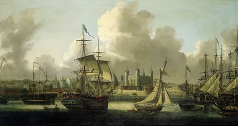 Seiling i London (England), beskrivelse av Tower of London til venstre, forskjellige båter i alle størrelser illustrerer den store elveaktiviteten på Themsen.