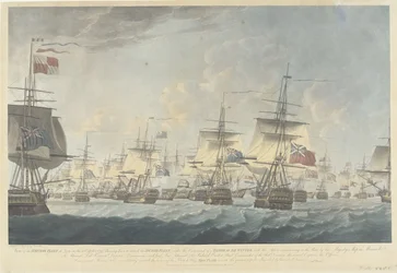 Slaget ved Kamperduin (1797): angrep fra den britiske flåten Utsikt over den britiske flåten ved middagstid den 11. oktober 1797, Bearing down for å angripe den nederlandske flåten (...) (tittel på objekt)