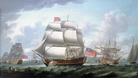 «Victory» forlater Spithead (England), iført det røde flagget og flagget til viseadmiralen av De røde, til høyre for seg en tremastet mann identifisert som «Dronning Charlotte»