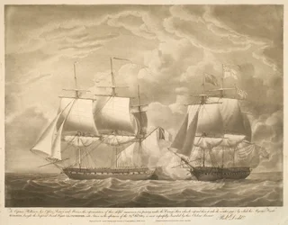 Til kaptein Phillimore, hans offiserer, sjømenn og marinesoldater, denne fremstillingen av deres dyktige manøver (i passering under fiendens akterstavn da han forventet at de skulle ta værmåleren) som Hans Majestets fregatt EUROTAS brukte for å bringe det 