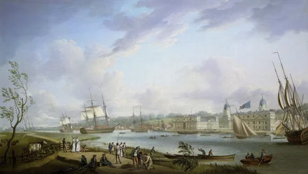 Utsikt over Greenwich, beskrivelse av Themsen og aktiviteter langs bredden, samt elvetransport, med forbehold om tidevannets betydning. Olje på lerret