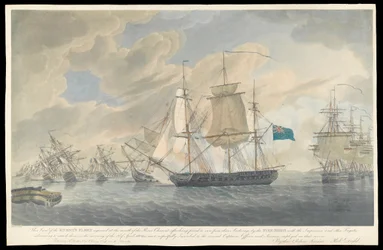 Utsikt over fiendens flåte på grunn ved munningen av elven Charent, tidlig på 1800-tallet (akvatint, håndkolorert etsning)