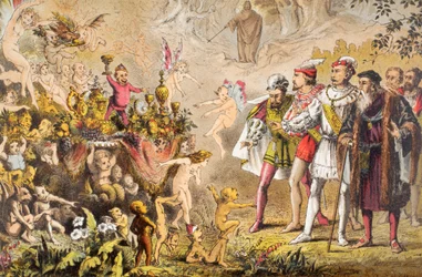 Alonso snakker i Stormen, akt III, scene III, «Himmelen, hva var disse», fra «The Illustrated Library Shakespeare», utgitt i London 1890 (fargelitografi)