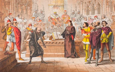 Shylock snakker i Kjøpmannen i Venedig, akt IV, scene I, «Er det loven», fra «The Illustrated Library Shakespeare», utgitt i London 1890 (fargelitografi)