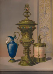 Vase for forgylt og juvel av sølv, porselensvase, sigarkiste, 1863