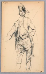 Tegning, stående mannsfigur i drakt fra 1600-tallet, 1876–77