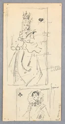 Tegning, gatescene, Italia (rekto); To innrammede bilder av kvinner på spillkort (verso), 1882