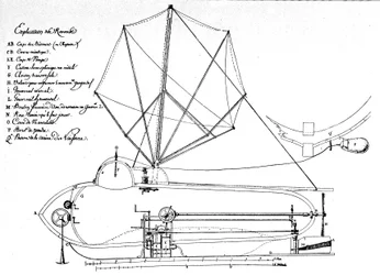 Skisse av Nautilus, den første undervannsbåten, oppfunnet av amerikaneren Robert Fulton (1765-1815). Dette er tegningen han foreslo for eksekutivstyret i 1797