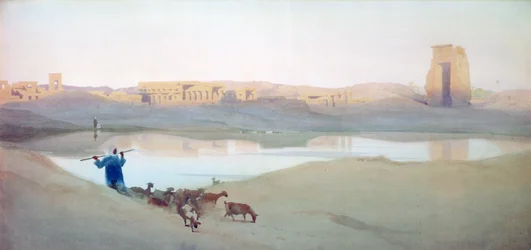 Den hellige innsjøen, Karnak, ca. 1900. Akvarell. Robert Talbot-Kelly (1861–1934) engelsk orientalistisk landskapsmaler. Egypt Landskap Vann Ruiner Geitegjeter