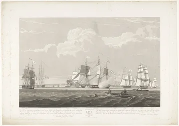 Avgang av tolv nederlandske handelsskip fra Portsmouth havn, 1833 (Plate 3) Dette settet med tre plater som viser avgangen fra Portsmouth havn den 2. juni 1833 av 12 Nederlandsche Koopvaardy-skip fra Embargo losset
