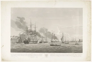 Avgang av tolv nederlandske handelsskip fra Portsmouth Harbour, 1833 (Plate 2) Dette settet med tre plater som viser avgangen fra Portsmouth havn den 2. juni 1833 av 12 Nederlandsche Koopvaardy-skip fra Embargo losset